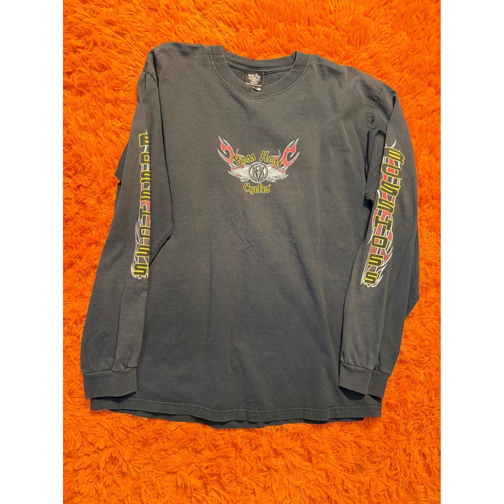 Boss Hoss Cycles V8 Biker Graphic Long Sleeve T-Shirt Mens Black Flame Logo L